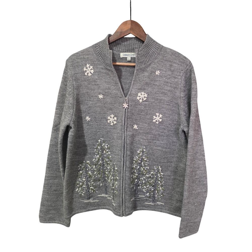 Coldwater Creek Embroidered christmas holiday Zip-Up Cardigan Grey Size L
